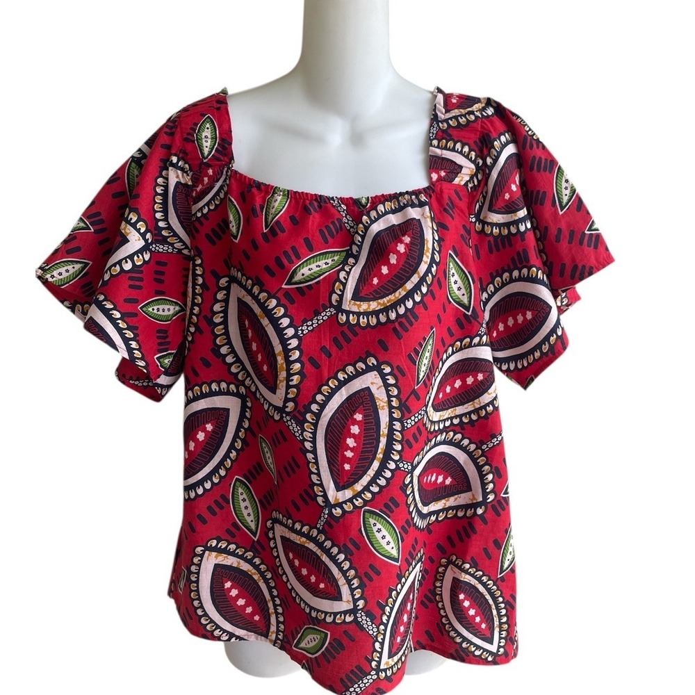 Unique Spectrum Red Multi Square Neck Top Blouse 100% Cotton Ladies Large NWT